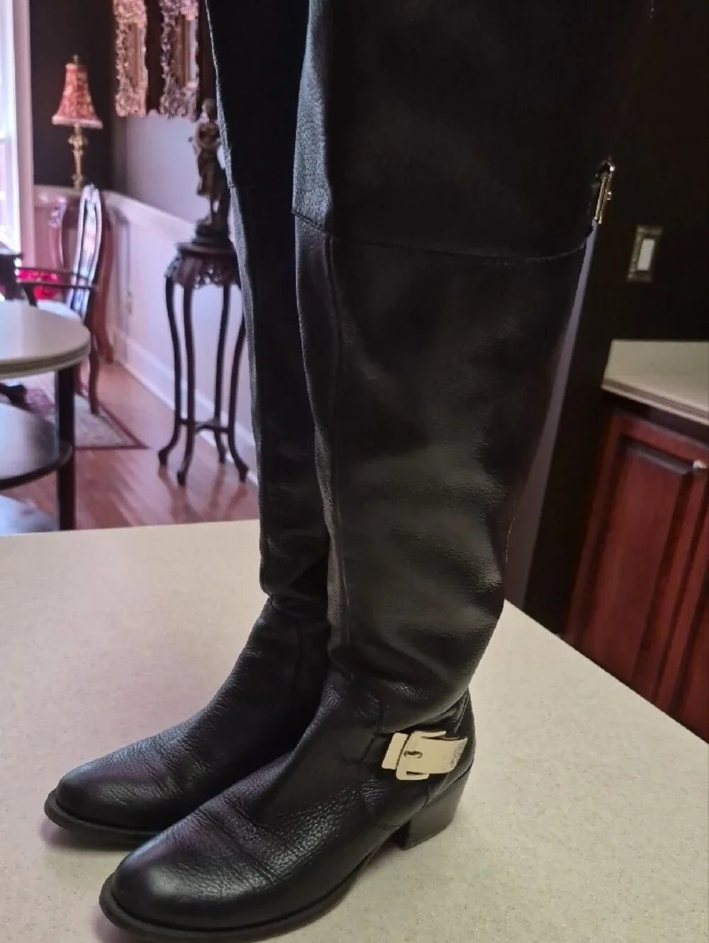 Vince Camuto Bocca Black Leather Knee High Boots Gold Buckle Hardware Size 8